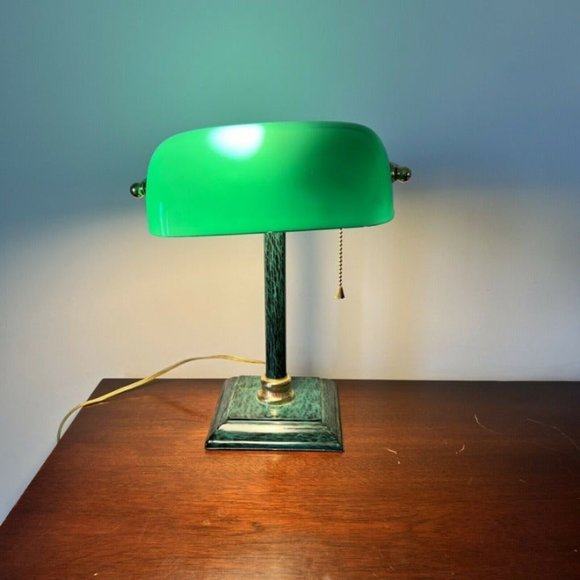 vintage green gold black bankers desk lamp glass